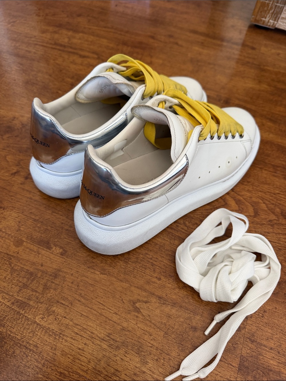 Alexander McQueen White Leather Sneakers with Silver Heel and Yellow Laces